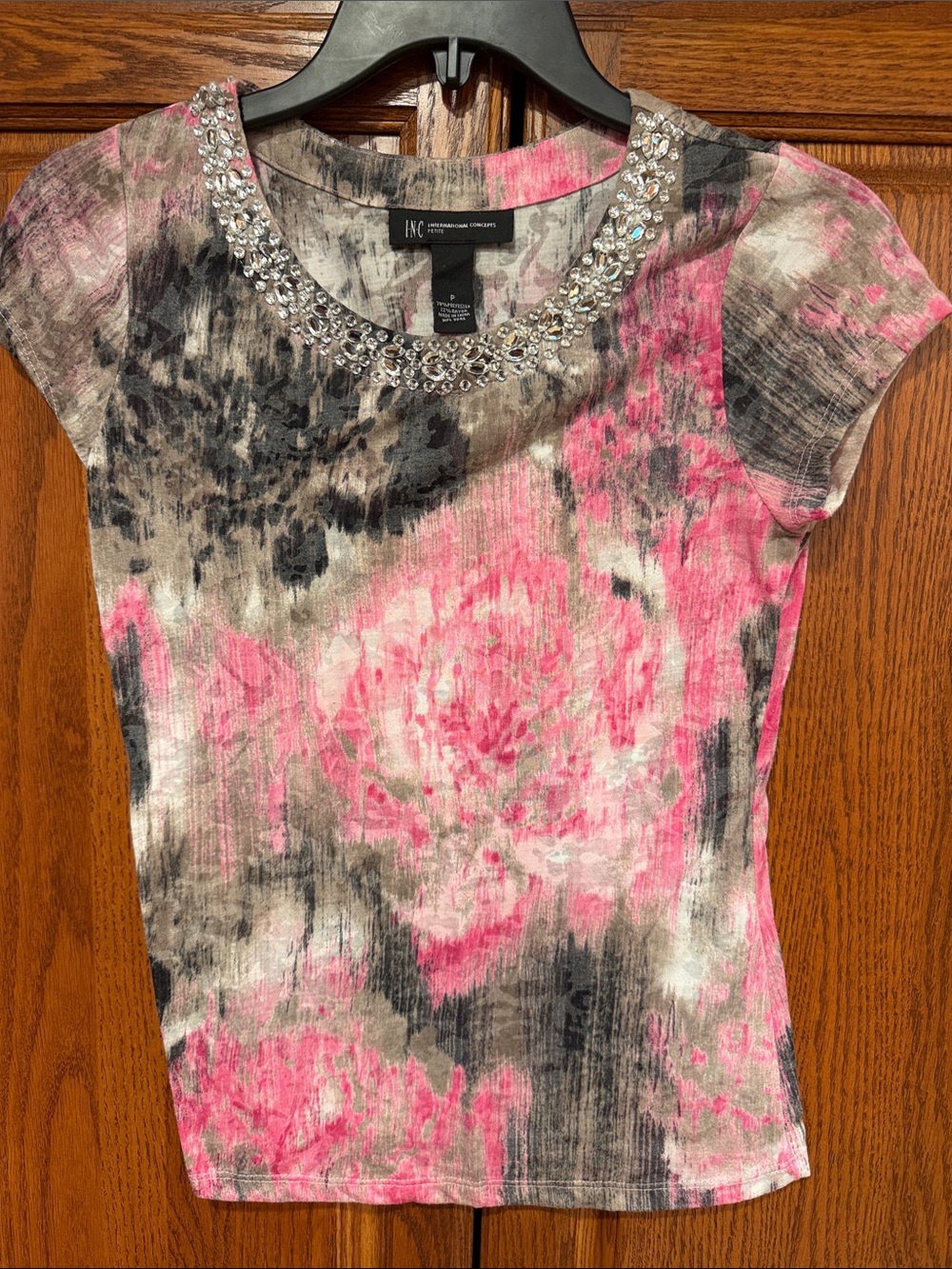 INC International Concepts Pink and Gray Floral Jeweled Neck Cap-Sleeve Top